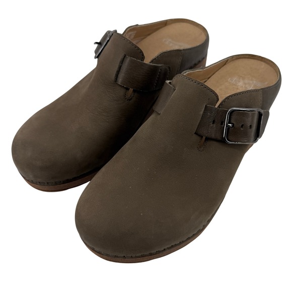 Dansko Caia Nubuck Mule Clog Taupe Milled EU38 Women US 7.5-8 Leather Buckle - Picture 1 of 9
